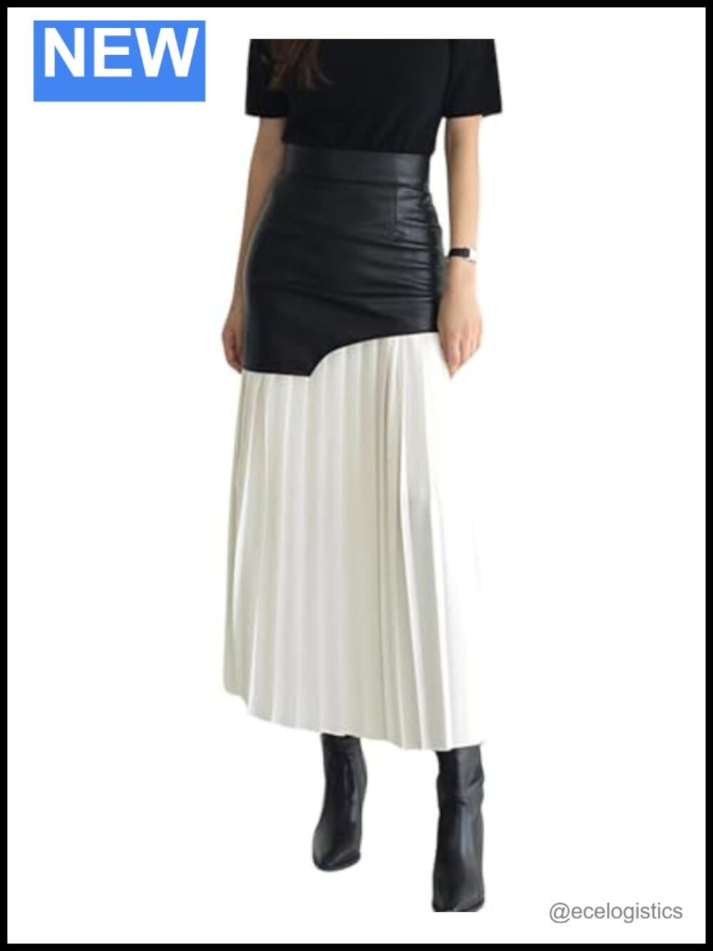 High Waist Faux PU Leather Pleated Midi Bodycon Skirt